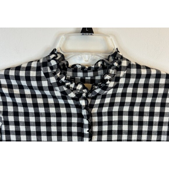 SEZANE Louise Button Up Shirt Black White Gingham 38 Ruffle Cotton Plaid Classic - Picture 7 of 14